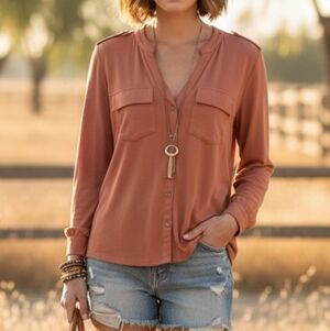 NWT Boho Chic Dusty Blush Pink Roll Tab Long Sleeve Blouse